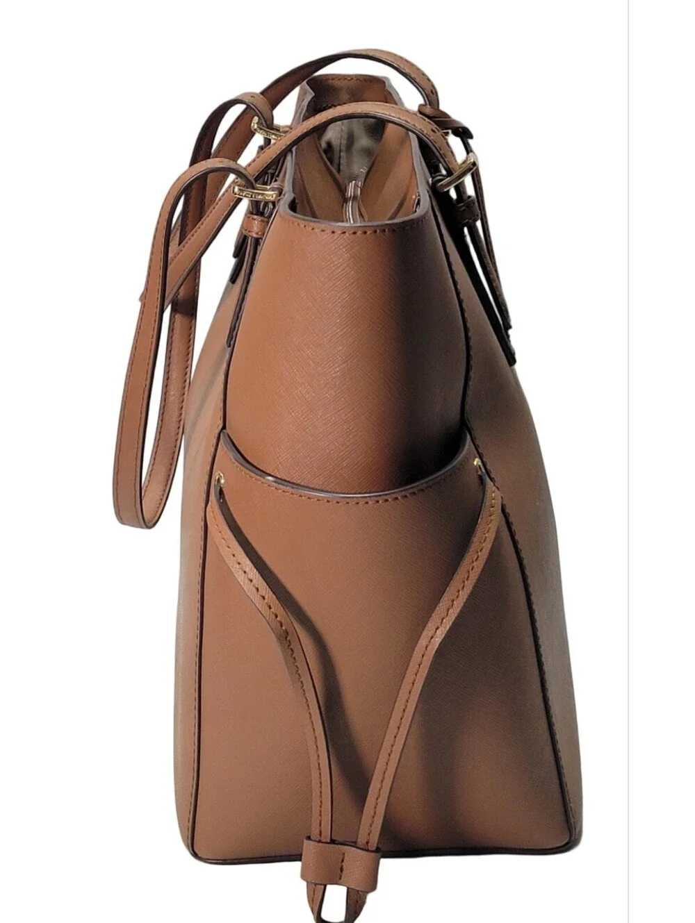 Michael Kors Brown Saffiano Medium Tote Zip Top Gold Hardware Charm Pockets